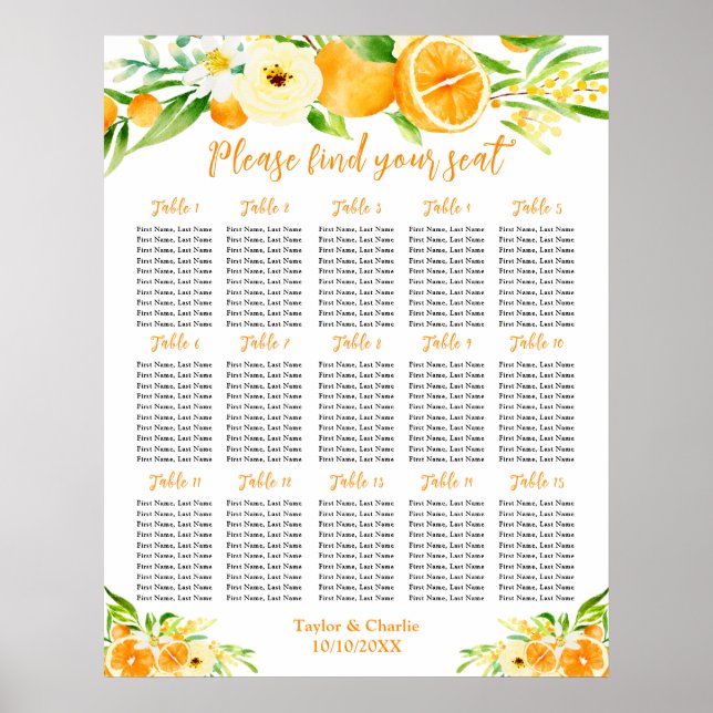 Oranges Citrus Wedding 15 Tables Seating Chart (Front)