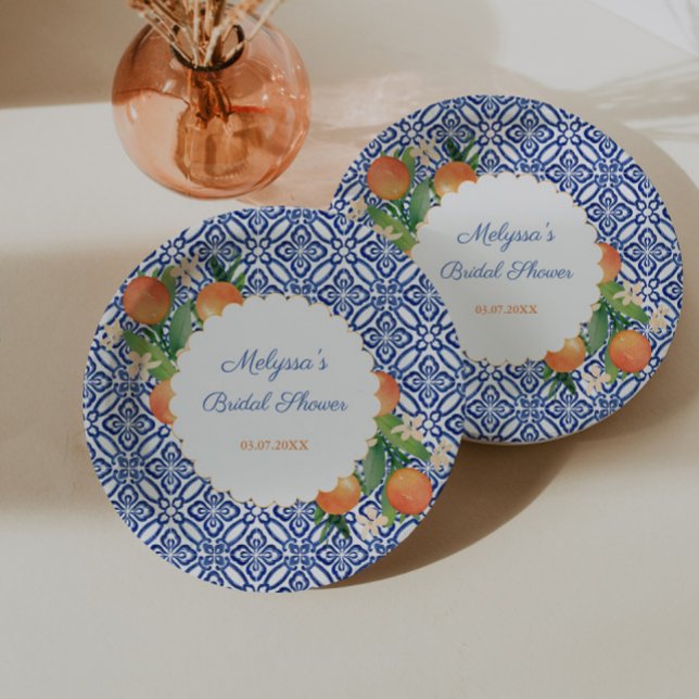 Oranges Classic Blue White Positano Wedding Shower Paper Plate (Classic oranges with blue white tile print for positano portofino bridal shower)