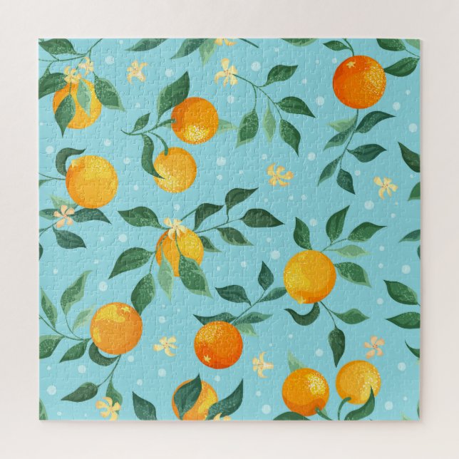 Oranges, flowers: textile seamless pattern. jigsaw puzzle (Vertical)
