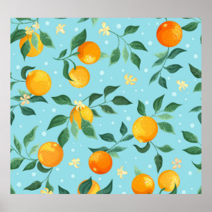 Oranges, flowers: textile seamless pattern. poster