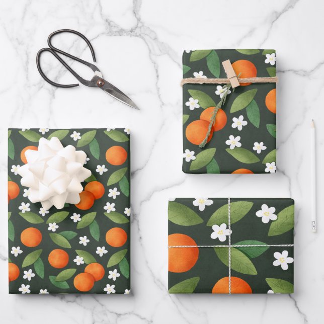 Oranges, Green Leaves and White Flowers Pattern Wrapping Paper Sheet (Front)