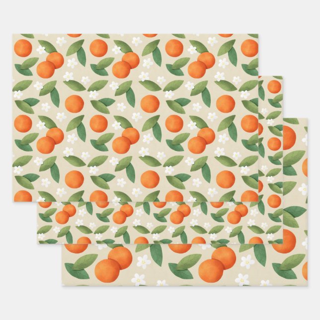 Oranges, Green Leaves and White Flowers Pattern Wrapping Paper Sheet (Set)