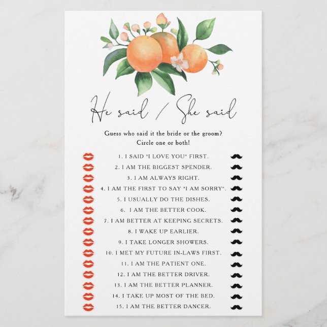 Oranges - He said she said bridal shower game (Front)