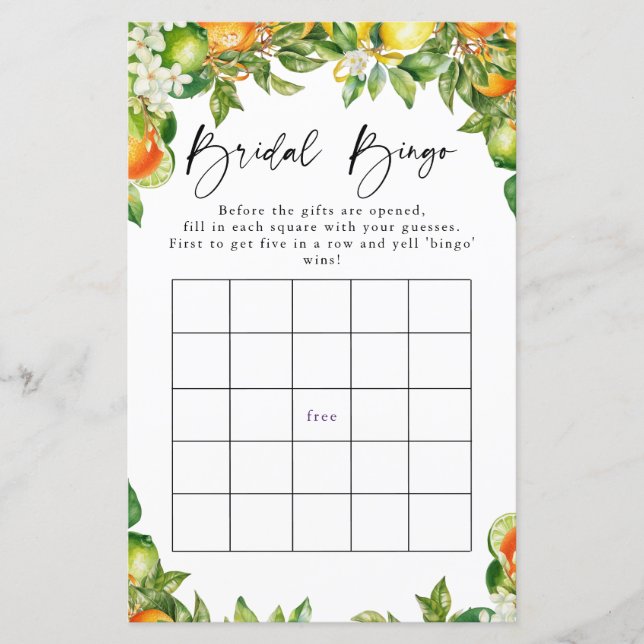 Oranges Lemon Citrus Bridal Bingo Game (Front)
