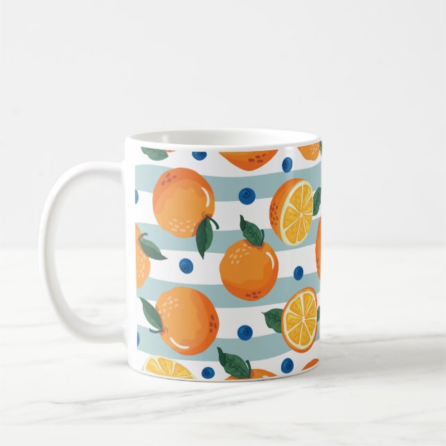 Oranges on striped background, summer pattern. coffee mug (Left)