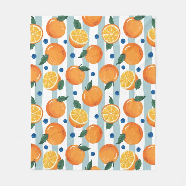 Oranges on striped background, summer pattern. fleece blanket (Front)