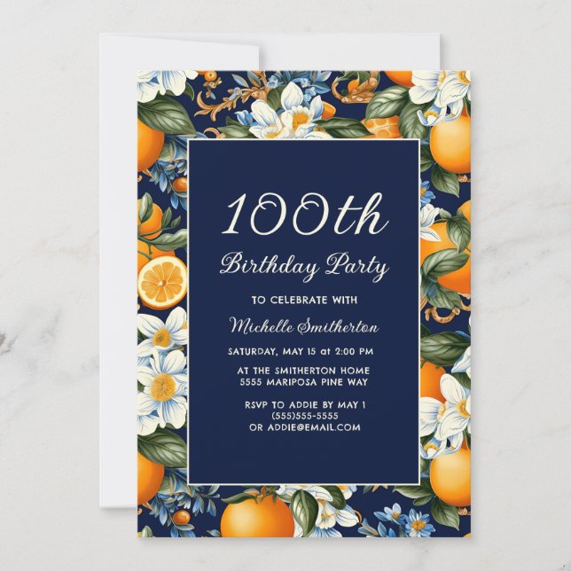 Oranges White Flowers Navy Blue 100th Birthday Invitation (Front)