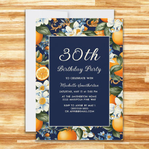 =Oranges White Flowers Navy Blue 30th Birthday Invitation
