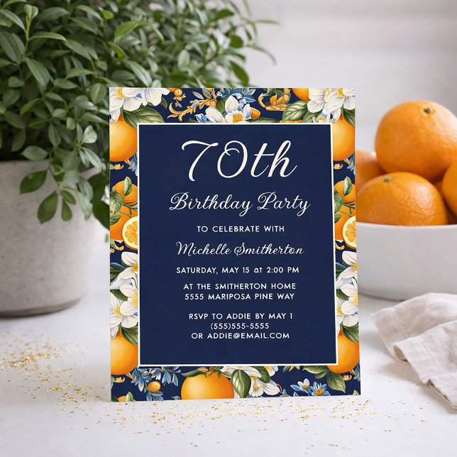 Oranges White Flowers Navy Blue 70th Birthday Invitation (Oranges on navy blue 70th birthday invitation)