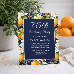 Oranges White Flowers Navy Blue 75th Birthday Invitation