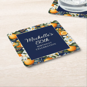 Oranges White Flowers Navy Blue Birthday Welcome Square Paper Coaster