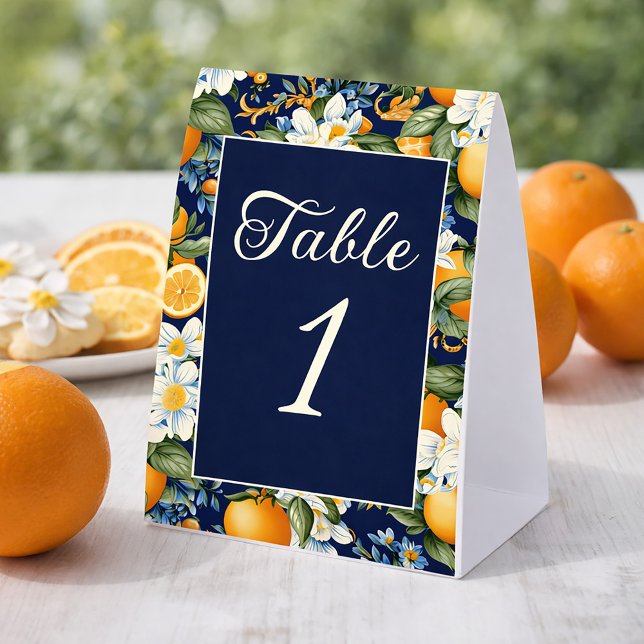 Oranges White Flowers Navy Blue Table Number (Oranges on navy blue table number)