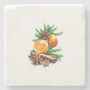 Oranges with Cloves and Cinnamon Next to Fir Leave Stone Coaster