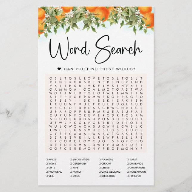 Oranges Word Search Game Bridal Shower Card (Front)