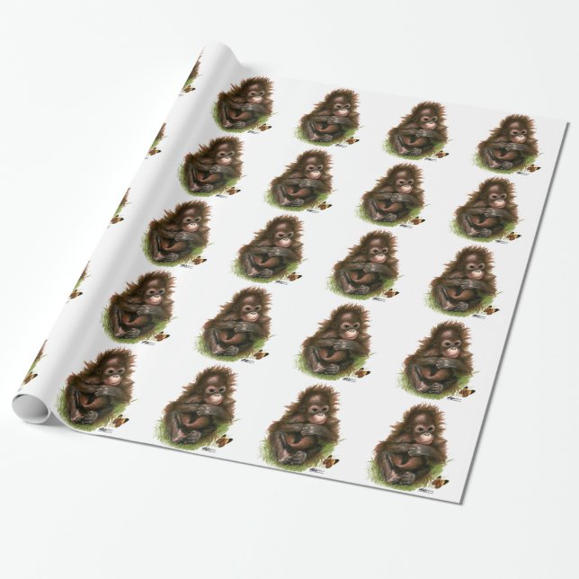 Orangutan Baby and Butterfly Wrapping Paper (Unrolled)
