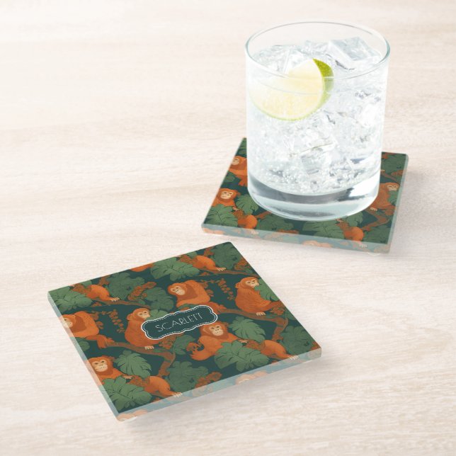 Orangutan Retro Colourful Personalised Pattern Glass Coaster (Angled)