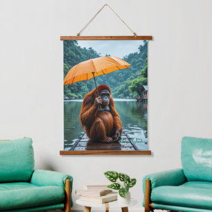 Orangutan with Orange Umbrella Hanging Tapestry