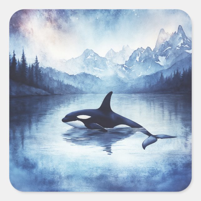 Orca Amidst the Stars and Mountains Square Sticker (Front)