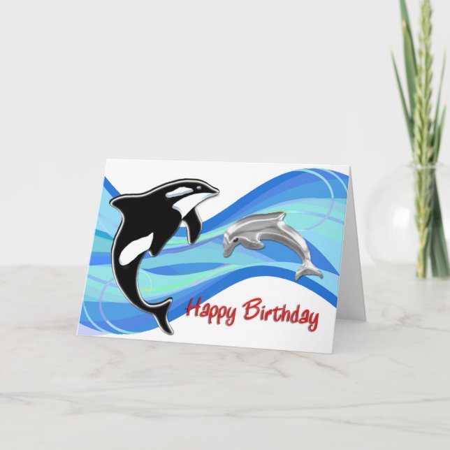 Orca and Dolphin in the Waves Birthday Card (Front)