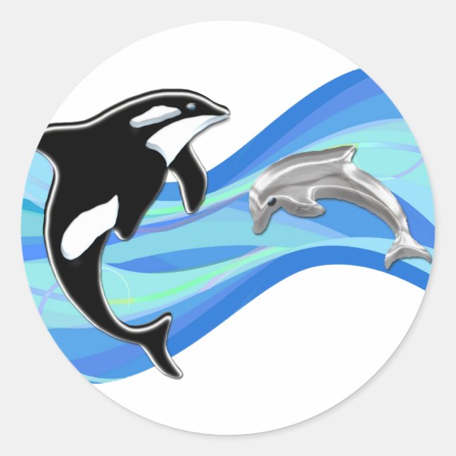 Orca and Dolphin in the Waves Classic Round Sticker (Front)