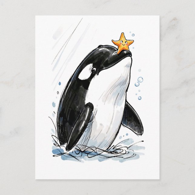 Orca Balancing Starfish Playfully Marine Ink Illus Postcard (Front)