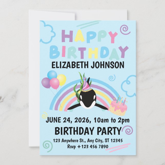 Orca Birthday Party Invitation in Blue (Front)
