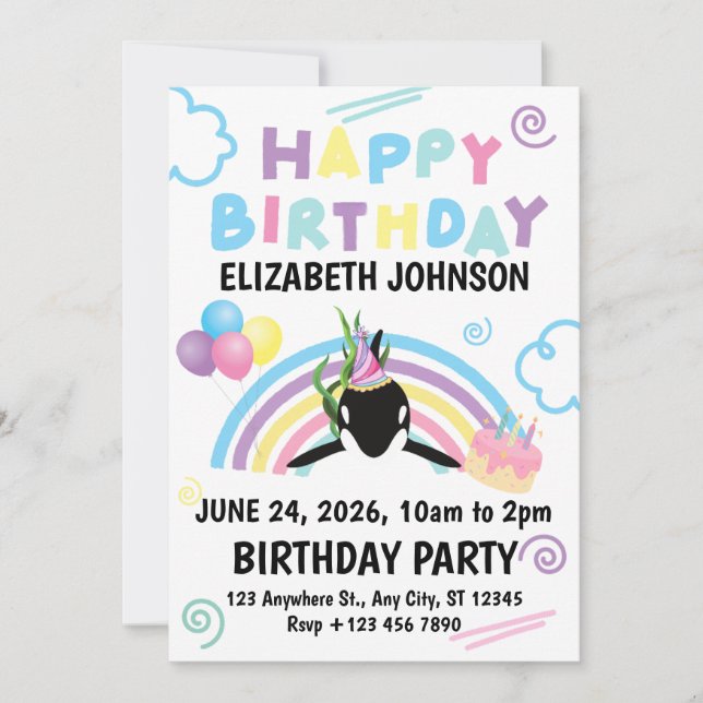 Orca Birthday Party Invitation in White (Front)