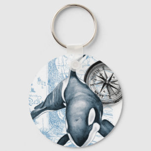 Orca Blue Compass Vintage Map Key Ring