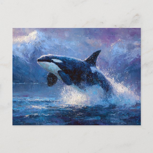 Orca Breaching Near Snowy Mountains Postcard (Front)