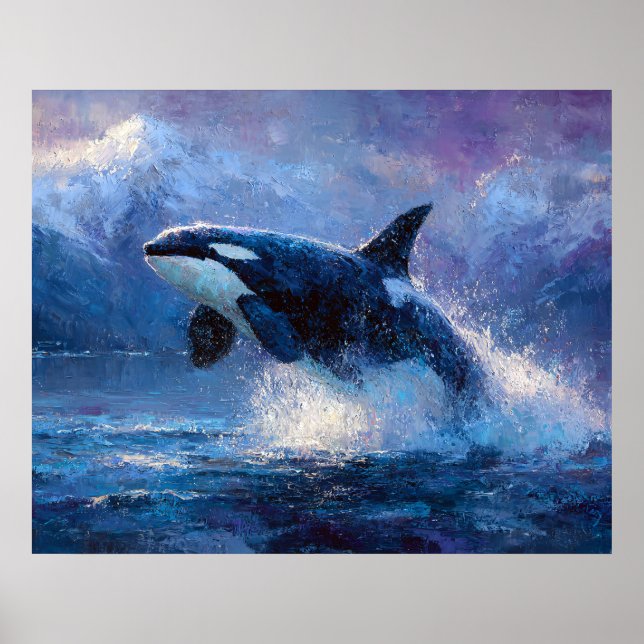 Orca Breaching Near Snowy Mountains Poster (Front)