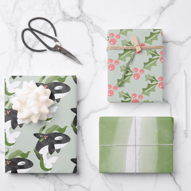Orca Christmas Wrapping Paper Flat Sheet Set of 3 (Front)