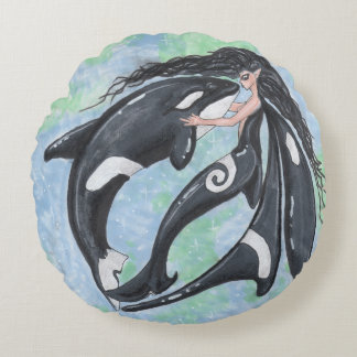 Orca Faery Pixie Killer Whale Yin Yang Round Cushion