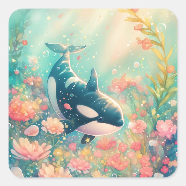 Orca Floral World Square Sticker (Front)