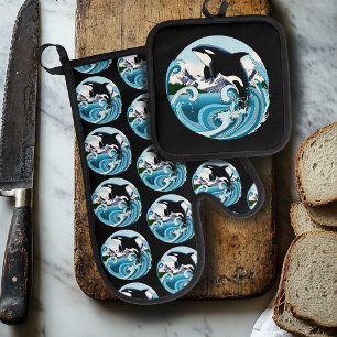 Orca Killer Whale Blue Ocean Oven Mitt & Pot Holder Set