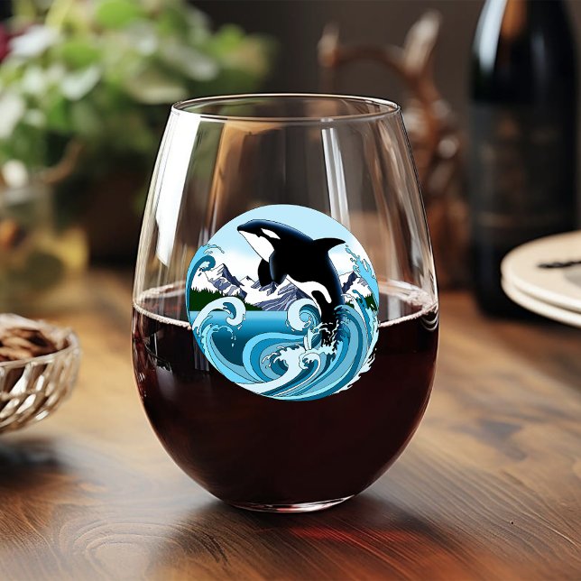 Orca Killer Whale Blue Ocean Stemless Wine Glass (Creator Uploaded)