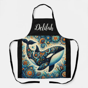 Orca Killer Whale Floral Whimsical Nautical Beach Apron