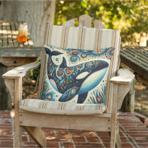 Orca Killer Whale Floral Whimsical Nautical Beach Cushion