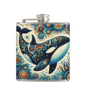 Orca Killer Whale Floral Whimsical Nautical Beach Hip Flask