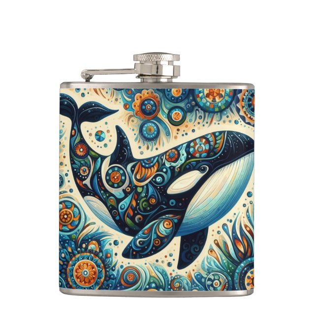 Orca Killer Whale Floral Whimsical Nautical Beach Hip Flask (Front)