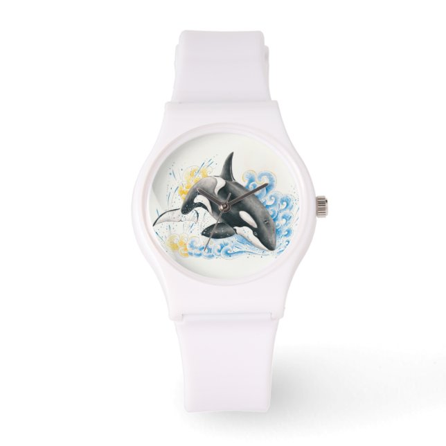 Orca Killer Whale Jumping into Waves Watercolor Watch (Front)