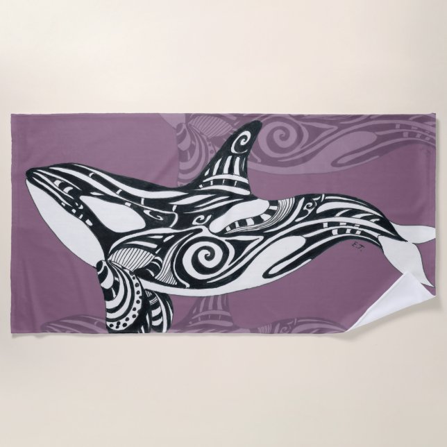 Orca Killer Whale mauve Purple Tlingit Tribal Ink Beach Towel (Front)