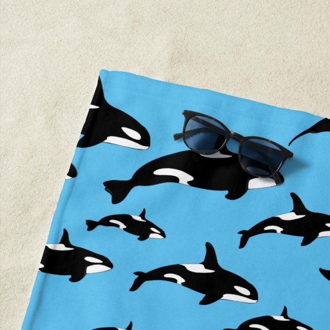 Orca Killer Whale Pattern on Blue Ocean Beach Towel (In Situ)