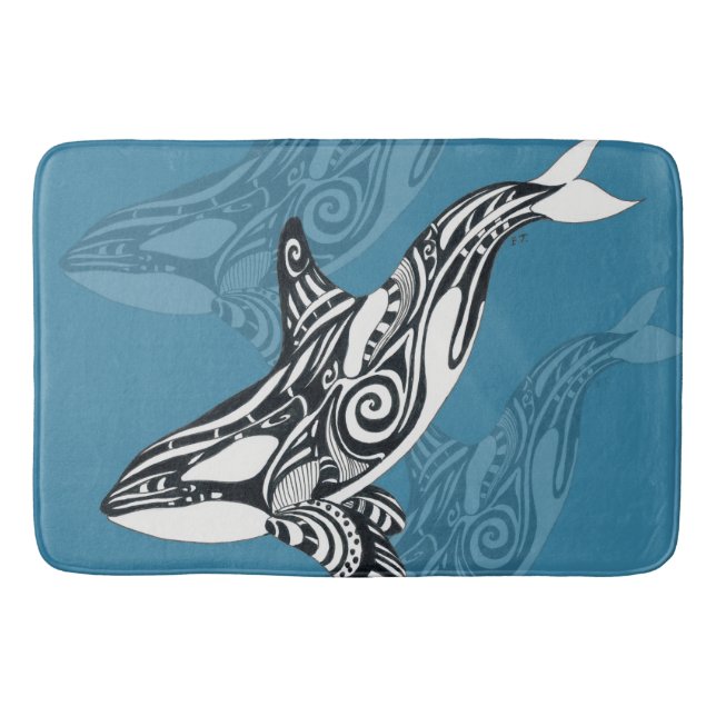 Orca Killer Whale Tlingit Indigo Blue ink Bath Mat (Front)