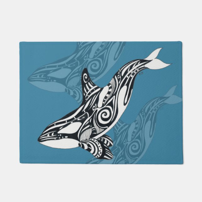 Orca Killer Whale Tlingit Indigo Blue ink Doormat (Front)