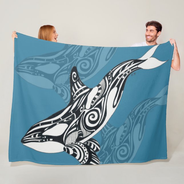 Orca Killer Whale Tlingit Indigo Blue ink Fleece Blanket (In Situ)