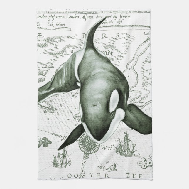 Orca Map Green Tea Towel (Vertical)