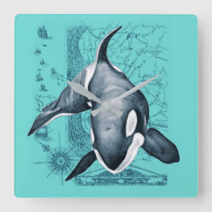 Orca Map Teal Square Wall Clock