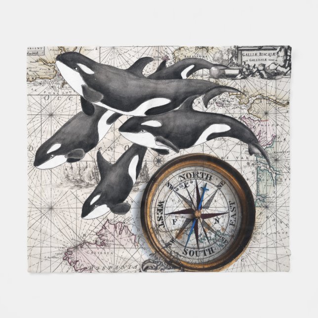 Orca Nautical Compass Fleece Blanket (Front (Horizontal))