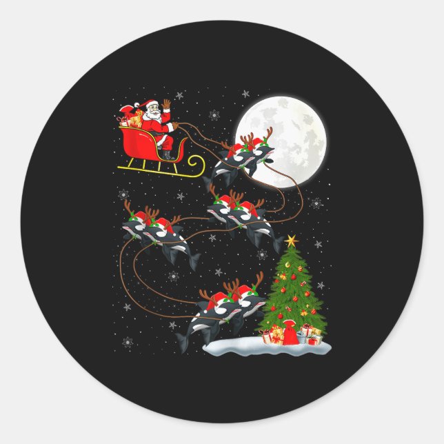 Orca Santa Sleigh Flying Funny Magical Christmas T Classic Round Sticker (Front)