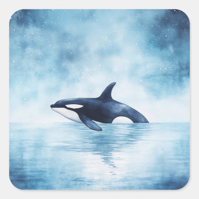 Orca Swimming Through a Starry Ocean Square Sticker (Front)